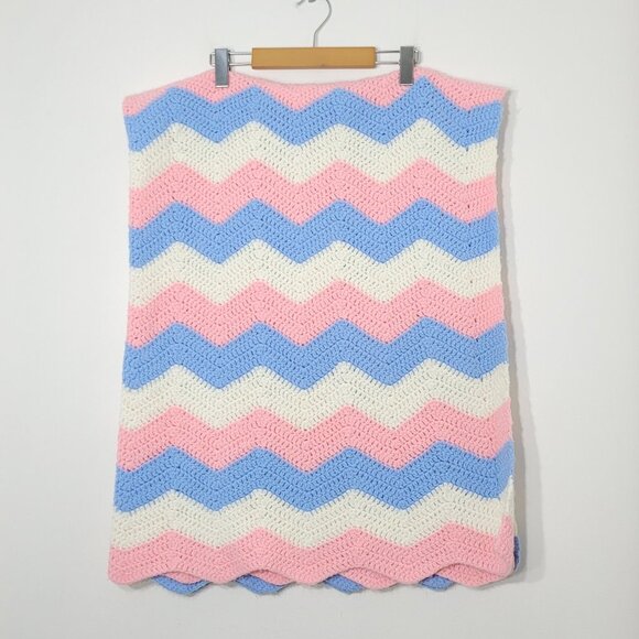 Handmade Afghan Crochet Chevron Stitch Baby Blanket Pink Blue Gift Newborn Knit - Picture 1 of 7